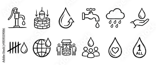 Hand-drawn water conservation and scarcity icons set in a simple black line art doodle style representing charity, community, global access, and environmental preservation