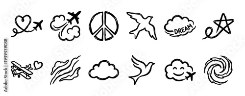Hand-drawn set of black grunge icons including an airplane, heart, peace sign, dove, and cloud, a collection of sketchy doodles representing travel, dreams, and freedom