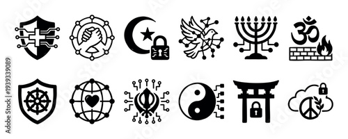 Collection of black and white icons blending diverse religious and spiritual symbols with technology and cybersecurity concepts, featuring faith emblems integrated with digital circuits