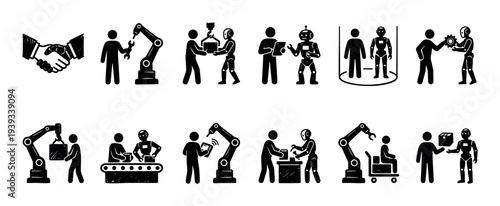 Set of black human-robot collaboration icons showing teamwork in manufacturing, industrial automation, and future technology with robotic arms and androids in a simple pictogram style