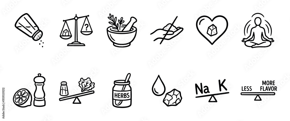 Fototapeta premium Collection of hand-drawn minimalist icons representing a low sodium diet, showing salt reduction, herb alternatives, mineral balance, and healthy lifestyle choices for heart wellness