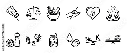Collection of hand-drawn minimalist icons representing a low sodium diet, showing salt reduction, herb alternatives, mineral balance, and healthy lifestyle choices for heart wellness