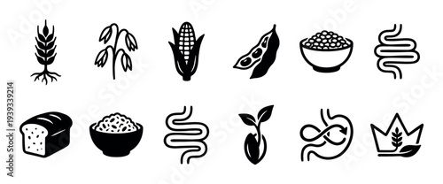 Set of black glyph icons representing grains, legumes, and digestive health symbols for nutrition and wellness concepts, including wheat, corn, soy, and intestines
