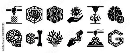 Collection of black glyph icons illustrating generative design, showing 3D printing, artificial intelligence, bioprinting, brain interfaces, and complex lattice structures for future technology
