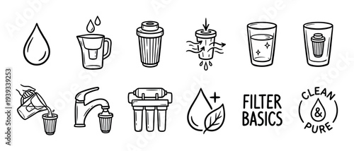 Hand drawn water filter icon set in a simple black and white doodle style showing a pitcher, cartridge, faucet, and glass for purification and clean drinking concepts