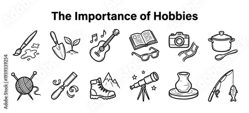 Diverse collection of hand-drawn doodle icons representing various hobbies and leisure activities, including painting, gardening, music, reading, photography, cooking, and hiking