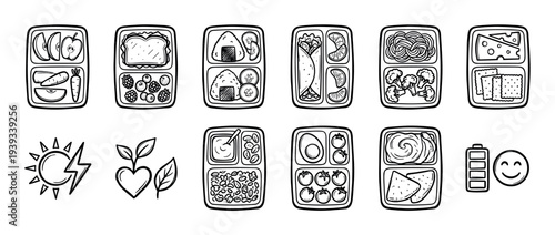 Hand-drawn lunch box and healthy food icons set in a black and white doodle style, showing various meal prep ideas for school or work with energy and nature symbols