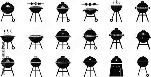 Barbecue grill silhouette set, black vector icons, outdoor cooking equipment, smoker designs, grilling tools, cad drawing flat vector illustration