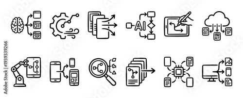 Collection of black hand-drawn icons representing technology and automation concepts like artificial intelligence, data processing, cloud computing, workflow diagrams, and software development