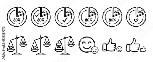 Pareto principle 80 20 rule icon set with hand-drawn pie charts, balance scales, and feedback symbols like thumbs up and smiley faces for business presentations and infographics