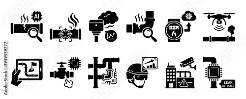 Black glyph icon set for smart leak detection technology with AI-powered sensors, drone inspection, and remote monitoring pictograms for infrastructure management