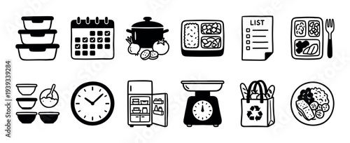Collection of meal prep doodle icons in a black and white sketch style, illustrating food containers, a weekly calendar, a cooking pot, a bento box, a list, a clock, and a kitchen scale