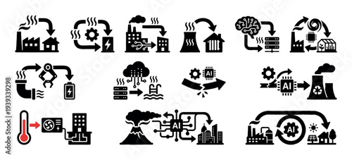 Set of black industrial process icons illustrating waste heat recovery, geothermal energy, AI optimization, and sustainable circular economy concepts for modern technology