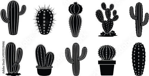 Black Silhouette Cactus Desert Plant Icons Collection: Prickly Cacti, Succulent Barrel, Saguaro, Opuntia, and Potted Southwest Vector Graphics Set