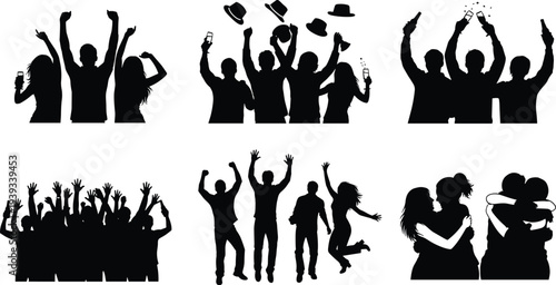 Celebration silhouettes in black and white, joyful group poses, party and reunion vector art, expressive social gathering illustrations