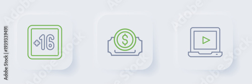 Set line Online play video, Cinema ticket and Plus 16 movie icon. Vector