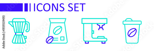 Set line Coffee cup to go, machine, Bag coffee beans and maker moca pot icon. Vector