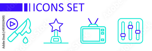 Set line Sound mixer controller, Retro tv, Movie trophy and Thriller movie icon. Vector
