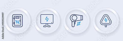 Set line High voltage, Hair dryer, Smart Tv and Electrical panel icon. Vector