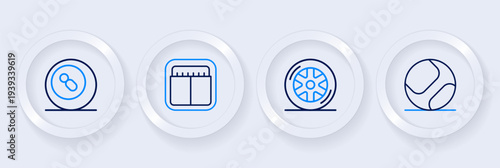 Set line Baseball ball, Car wheel, Sport mechanical scoreboard and Billiard pool snooker icon. Vector