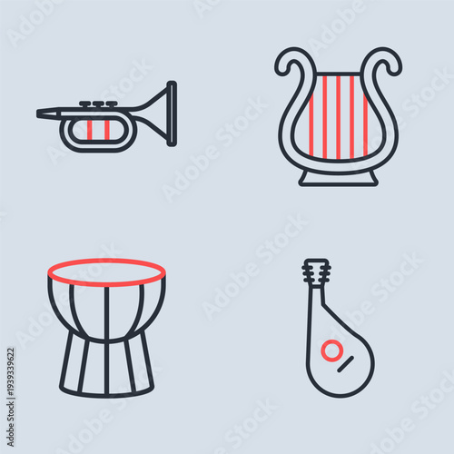 Set line Ancient Greek lyre, African darbuka drum, Bandura and Trumpet icon. Vector
