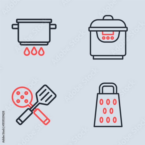 Set line Slow cooker, Spatula, Grater and Cooking pot on fire icon. Vector