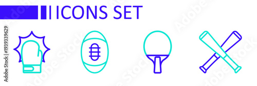 Set line Crossed baseball bat, Racket, American Football and Punch in boxing gloves icon. Vector