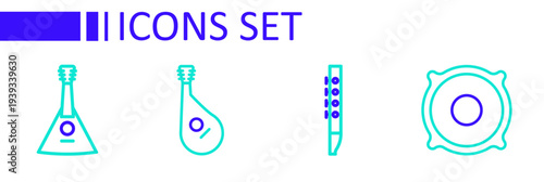 Set line Stereo speaker, Flute, Bandura and Balalaika icon. Vector