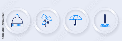 Set line Garden rake, Umbrella, Mushroom and Winter hat icon. Vector