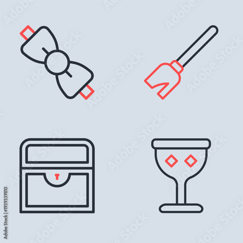 Set line Witches broom, Antique treasure chest, Medieval goblet and Bow tie icon. Vector