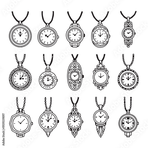 Collection of Hand Drawn Pendant Watches on Chains Vintage Style Isolated