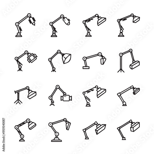 Articulated Lamp Icons Collection Adjustable Light Fixture Set Desk Lamp Variations Studio Lighting Symbols Vector Line Art
