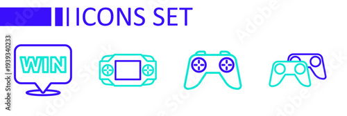 Set line Game controller or joystick, Portable video game console and Medal icon. Vector