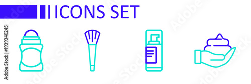 Set line Shaving foam on hand, gel, Makeup brush and Deodorant roll icon. Vector