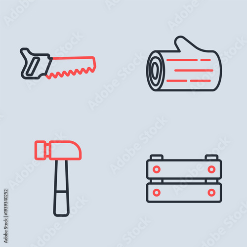 Set line Wooden log, Hammer, box and Hand saw icon. Vector