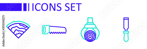 Set line Chisel tool, Grapple crane grabbed a log, Hand saw and Wooden beam icon. Vector