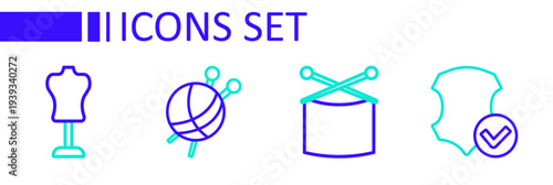 Set line Leather, Knitting needles, Yarn ball with knitting and Mannequin icon. Vector