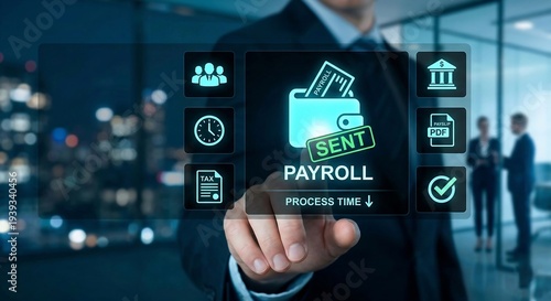 Wallpaper Mural Businessman touches glowing payroll processing screen with financial icons, signifying modern business management and efficient workflow in office. Torontodigital.ca
