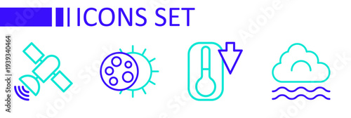 Set line Fog and cloud, Thermometer, Eclipse of the sun and Satellite icon. Vector