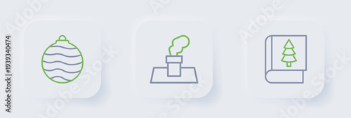 Set line Christmas book, chimney and ball icon. Vector