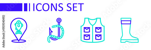 Set line Fishing boots, jacket, hook and worm and Location fishing icon. Vector