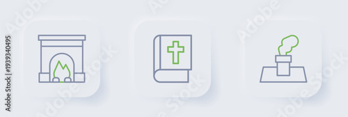 Set line Christmas chimney, Holy bible book and Interior fireplace icon. Vector