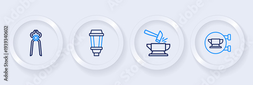 Set line Blacksmith anvil tool, Anvil and hammer, Garden light lamp and pliers icon. Vector