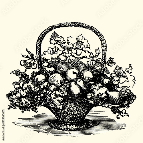 Vintage fruit basket illustration with pears apples grapes melons ornate engraving black white sketch art