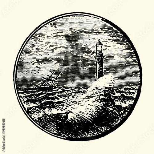 Dramatic black and white lighthouse on rocky shore in stormy sea with crashing waves vintage illustration minimalist art