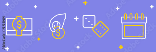 Set line Calendar, Game dice, Hand holding casino chips and Stacks paper money cash icon. Vector