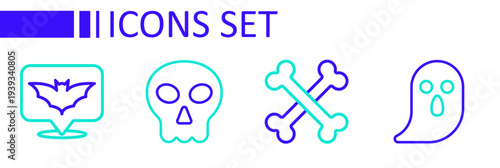 Set line Ghost, Crossed bones, Skull and Flying bat icon. Vector