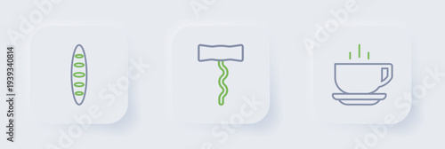Set line Coffee cup, Wine corkscrew and French baguette bread icon. Vector