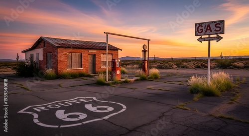 Abandoned desert gas station with Route 66 marking at sunset.