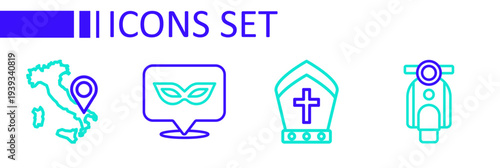 Set line Scooter, Pope hat, Carnival mask and Map of Italy icon. Vector